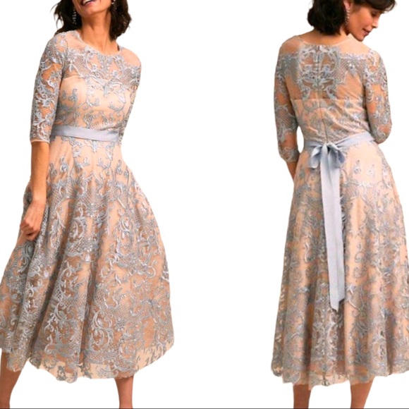 New BHLDN Linden 6 8 10 Blue Embroidered Belted MOB / MOG Tea Length Midi Dress - Picture 4 of 9